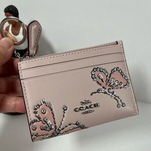 Coach Mini Skinny ID Card Case with Butterfly in Silver/Pink Smooth Leather NWT